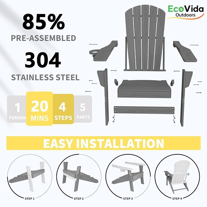 Upgraded Folding Adirondack Chair with All-Weather Cup Holder-EcoVida, Premium Wood Grain Texture, HDPE Waterproof, Suitable for Fire Pit, Patio, Porch,Grey