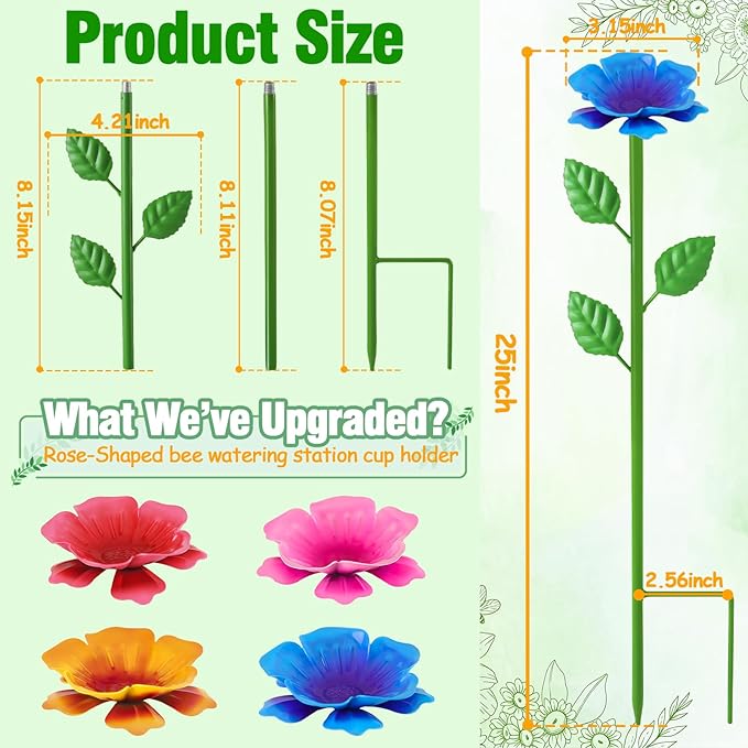 4 Pack Bee Watering Station, Metal Bee Water Station with Flower Design Colorful Butterfly Bath Bowl Drinking Feeder Cups for Outdoor Garden Yard Decor (Red,Pink,Blue,Yellow)