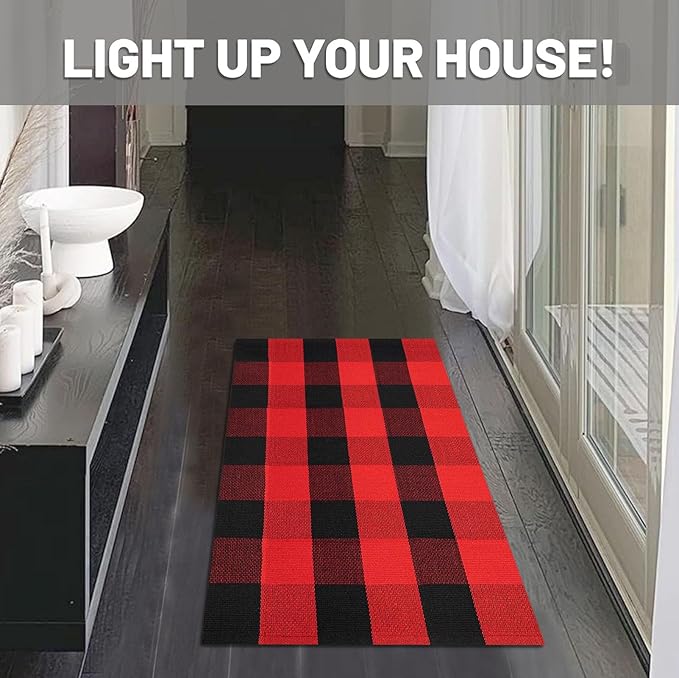 IOHOUZE Christmas Buffalo Plaid Rug 2x3 Ft Outdoor Indoor Doormat Red Black Checker Washable Area Rug Woven Cotton Checkered Front Porch Mat Christmas Decor for Front Door Entryway Home Entrance