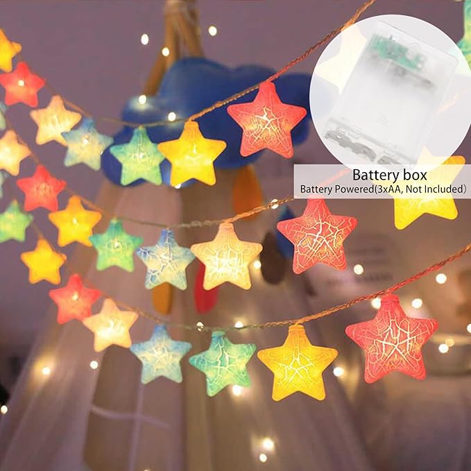 Colorful Crack Star String Lights,Fairy Lights 9.8FT 20 LED Lights with Battery Operated Star Lights,Crack Star Lights for Window Party Wedding Holiday Festival Decoration (Cracked star, 9.8FT)