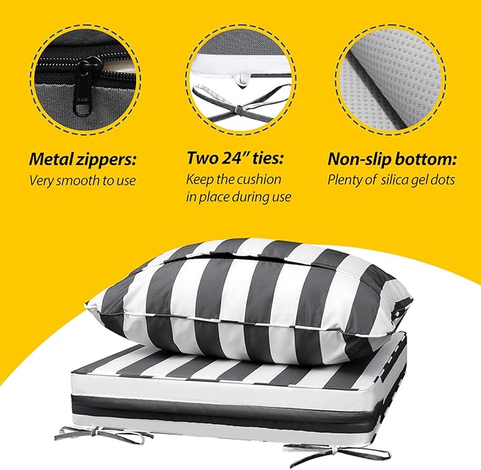 AAAAAcessories Outdoor Seat Cushions for Chairs, Fade-Resistant, Waterproof Patio Furniture Replacement Cushions, 22" x 22" x 3" + 22" x 17", Gray Cabana Stripe