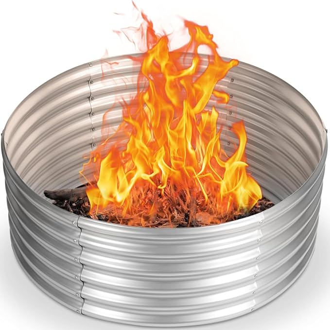 48 inch Fire Pit Ring, 4FT Galvanized Fire Ring, Wood Burning Fire Pits Ring, Outdoor Fireplace Height 18 Inch, Round Camp Fire Ring, Bonfire Pit for Camping, Backyard (4x4x1.5FT)