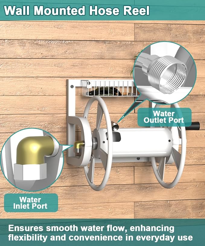 Garden Wall Mounted Hose Reel, Outdoor Heavy-Duty Water Hose Holder Winder, Holds 125 Feet of 5/8-Inch Hose, with 3.9 ft Leader Hose, Brass Fitting and Storage Basket for Yard, White