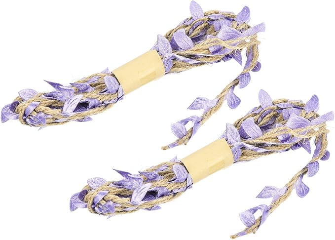 PATIKIL 6.6ft 5mm Burlap Leaf Ribbon, 2 Pack Braided Decoration Vine Natural Jute Rope Twine with Artificial Leaves for Jungle Wedding Party Home Garden Decor, Light Purple