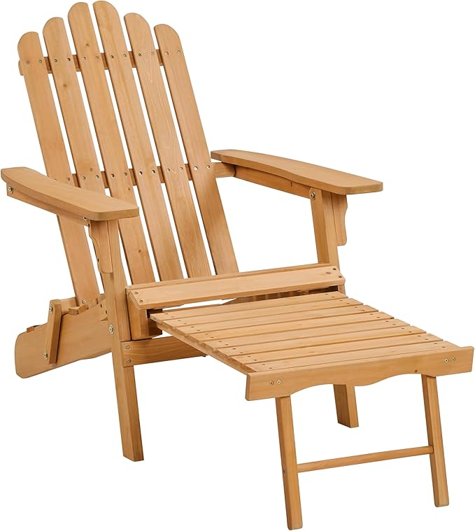 Yaheetech Folding Adirondack Chair with Retractable Ottoman Weight Capacity 300lb Solid Wood Garden Chair, Fire Pit Lounge Chairs Weather Resistant Furniture for Garden/Yard/Patio/Lawn, Brown
