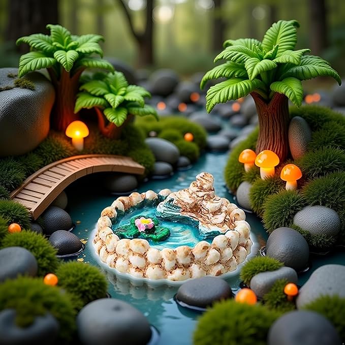 Miniature Fairy Garden Decor Set - Weather-Resistant Resin Lotus Pond and Lighthouse Sculptures with Water Well and Bridge, Outdoor Miniature Landscape Ornaments for Patio, Pond and Lawn