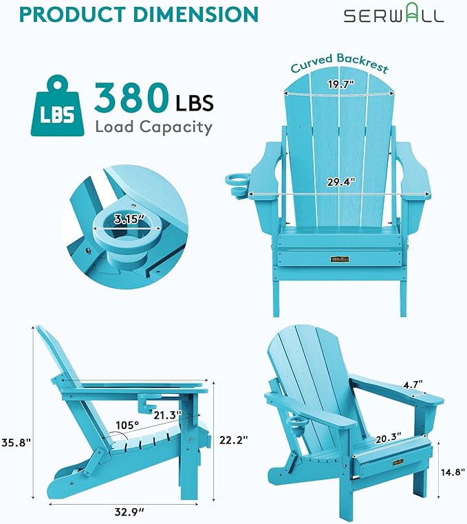 SERWALL Folding Adirondack Chair with Cup Holder Weather Resistant Patio Chair Outdoor Chairs Painted Adirondack Chairs Set of 2 - Aruba Blue