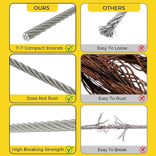 1/8 Inch Wire Rope, 120FT Stainless Steel Cable, 7x7 Strands Steel Wire Kit with Turnbuckles, Sleeves, Thimbles - Aircraft Cable for Garden, String Light Hanging, Deck Railing, DIY Projects