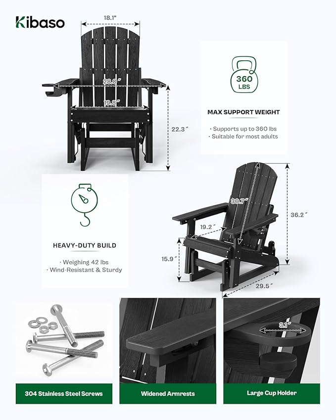 3-Position Adjustable Adirondack Chair with Cup Holder Set of 6, HDPE All-Weather Outdoor Glider Chair, Wood-Grain Fire Pit Chairs for Pool, Yard, Deck (Black)
