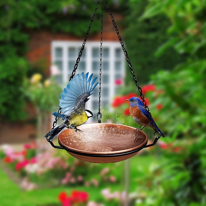 Monarch Abode Hanging Bird Bath & Bird Feeder for Outdoors – Pure Copper Hand Hammered Birds Bath Bowl w/ 17-inch Detachable Iron Chain, Birdfeeder and Birdbath for Outdoors Garden Backyard