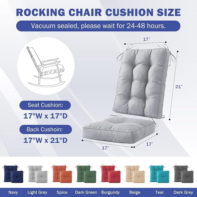 Rocking Chair Cushion, Waterproof and Fade-Resistant Patio Chair Cushions, Tufted Chair Pads for Rocker Furniture, 17x17 Inch, Indoor/Outdoor Seat Cushions with Ties, Light Grey