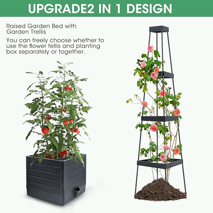 Garden Trellis for Climbing Plants, 57in Raised Garden Bed Planter Box with Trellis, Tomato Cage Planters for Outdoor Plants Climbing Vegetable Vine Flowers Outdoor & Indoor/Self-Watering (4PCS)