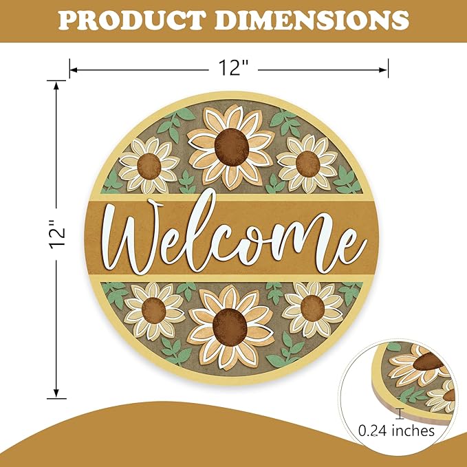 Welcome Sunflower Front Door Sign, Spring Summer Yellow Flower Wood Hanger Outdoor Outside Porch Home Decor, Fall Floral Wooden Wreath Indoor Wall Hanging Decoration