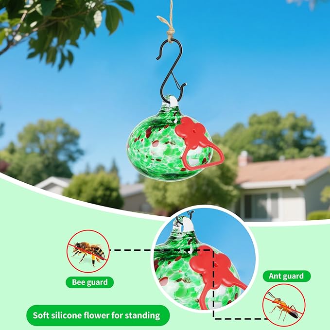 Small Hummingbird Feeders for Outdoors Hanging,Hand-Blown Glass Hummingbird Feeder with Silicone Feeding Perch,Never Leak,Gardening Gifts for Woman Man(Green)