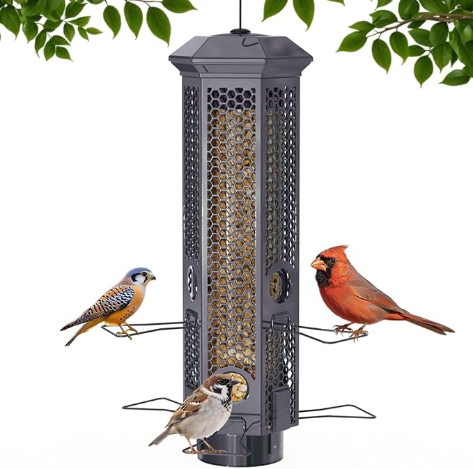 Squirrel Proof Bird Feeders, Bird Feeder for Outdoors with Removable Base, 6 Ports Perches Gravity Protection Squirrel Proof Wild Bird Feeders, 3LB Seed Capacity, Gray