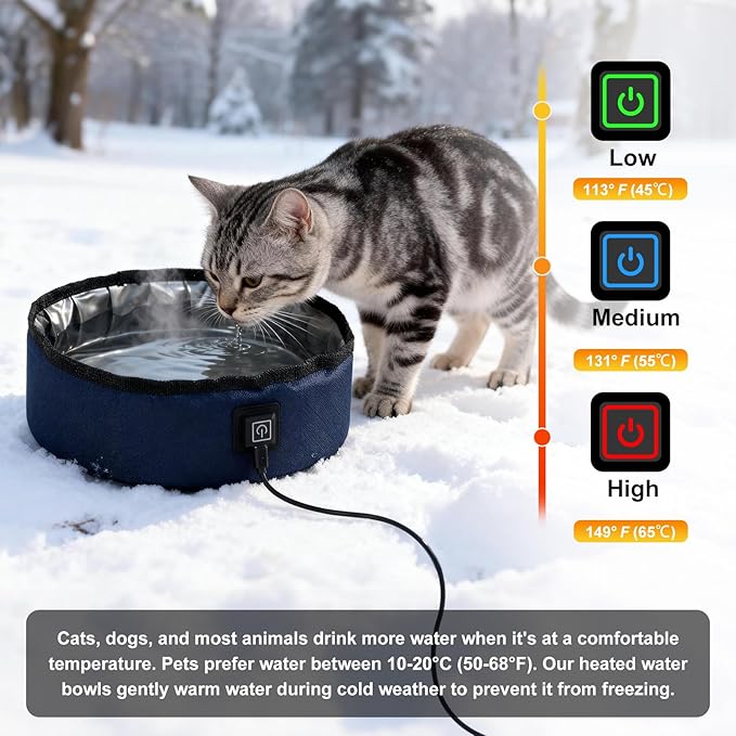 Heated Water Bowl for Dogs Winter Outdoor - 3L Foldable Travel Pet Bowl Keeps Water Unfrozen for Dogs Cats Chickens, USB Adjustable 113-149°F, Leakproof Portable Anti-Chew