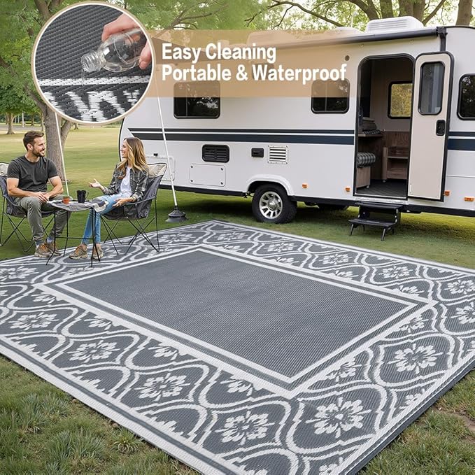 HUGEAR Outdoor Rug 8x10 Patio Waterproof Mat Camping Carpet Outside Area Rug Reversible Grey Rugs for RV Deck Entryance Porch Picnic Balcony Beach
