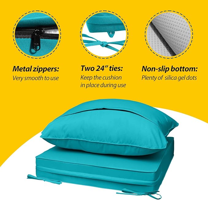 AAAAAcessories Outdoor Seat Cushions for Chairs, Fade-Resistant, Waterproof Patio Furniture Replacement Cushions, 19" x 19" x 3" + 19" x 17", Turquoise Blue