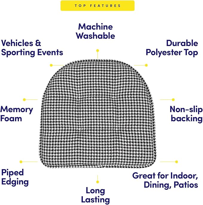 Sweet Home Collection Chair Cushion Memory Foam Pads Tufted Slip Non Skid Rubber Back U-Shaped 17" x 16" Seat Cover, 2 Count (Pack of 1), Houndsooth Black