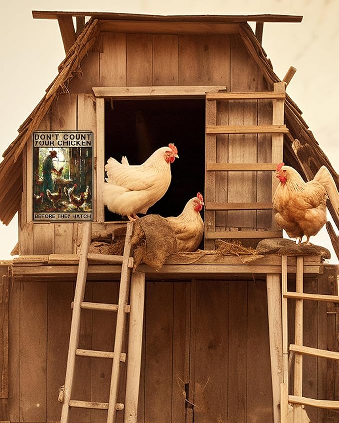 Vintage Chicken Sign, Don't Count Your Chicken Before They Hatch Man With His Chicken, Wall Decor Retro Backyard Fence Signs, Vintage Yard Chicken Decor, Gift for Man/Grandpa 8 * 12"