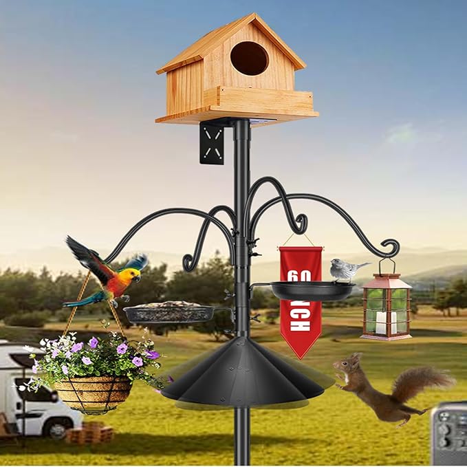 92 Inch Metal Bird Feeder Pole with Squirrel-Proof Baffle, 4 Hooks & 2 Feeding Trays - Heavy Duty 5-Prong Base Outdoor Birdhouse Stand, Garden Bird Feeding Station (Black, 92inch)