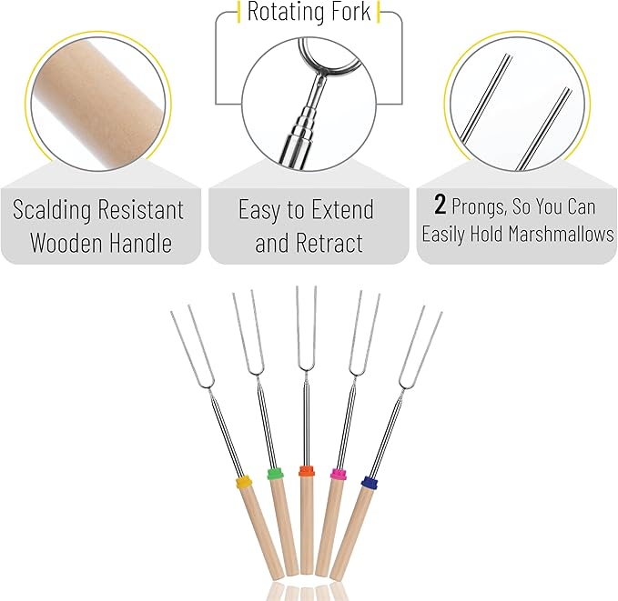 UNCO- Marshmallow Roasting Sticks, 32", 5 Pack, Extendable Stainless Steel Smores Sticks for Fire Pit, Smores Skewers, Campfire Cooking Equipment