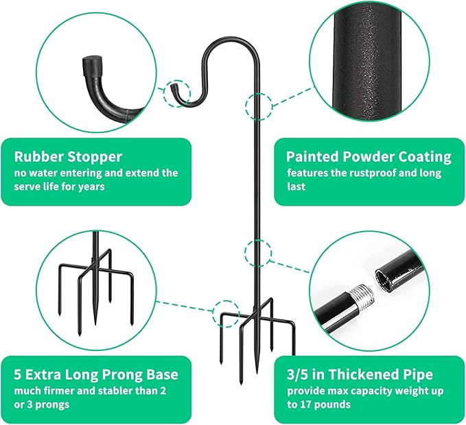 Adjustable Shepards Hooks for Outdoor with 5 Prong Base Shepherds Hooks for Outdoor Stand Pole for Humming Bird Feeder for Hanging Solar Lights Mason Jar Wedding Decor (48in)