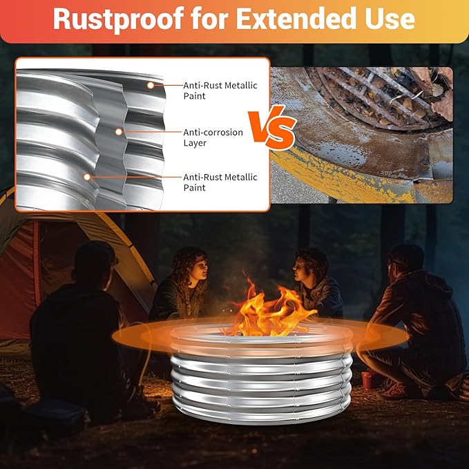 39 Inch Fire Pit Ring for Outside, 17'' Tall Heavy Duty Firepit,Wood Burning, DIY In Ground or Above-Ground, Outdoor Heavy Duty Galvanized Steel Fire Pits for Backyard Bonfire, Patio & Camping