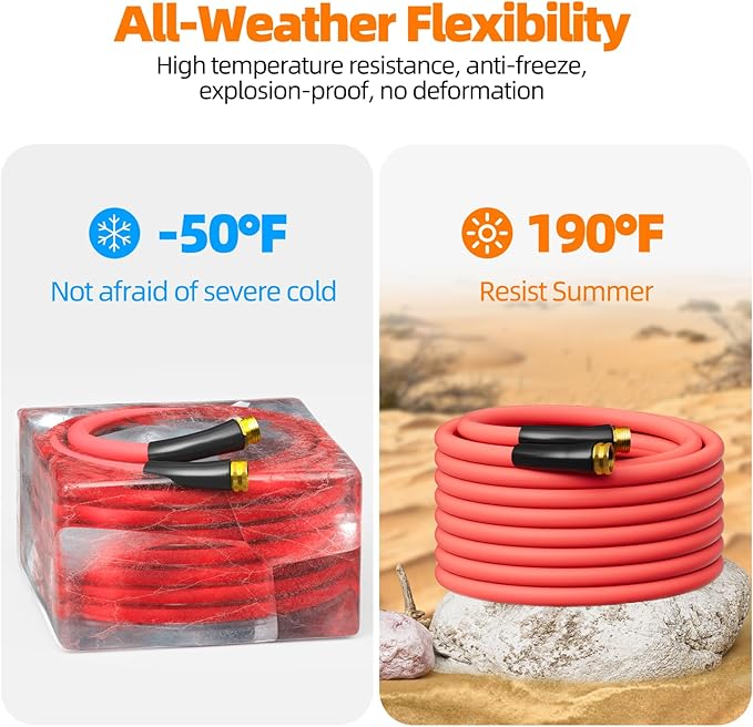 Hot/Cold Heavy Duty Water Garden Hose -50℉ to 190℉, Water Garden Hose 100 ft x 5/8'', 600Psi & Lightweight & Flexible Rubber Hose with 3/4'' Brass fittings for Outdoor, Yard, RV