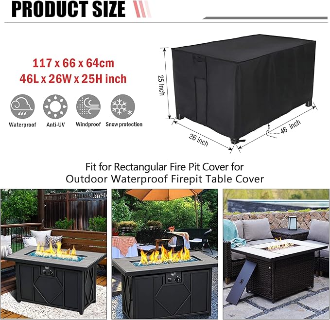 Fire Pit Cover Rectangular 46 Inch,Propane Gas Fire Pit Table Cover,Outdoor Waterproof Firepit Table Cover - 46 x 26 x 25 Inch