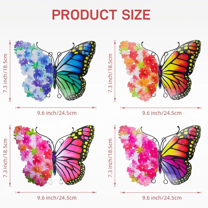 Metal Butterfly Wall Decor, 9.6" Outdoor Wall Decor Metal Yard Art, Flowers Wings Butterfly Outdoor Decor for Garden Patio Fence Outside Living Room Bedroom(4 Pack)
