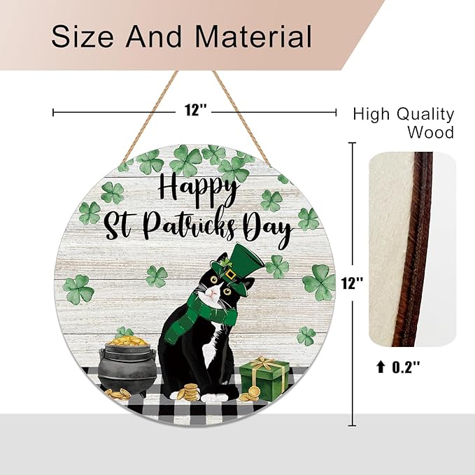 Happy St Patricks Day Cat Door Sign Shamrocks Clovers Tuxedo Cat Wood Door Hanger for Outdoor Outside Porch Holiday Farmhouse Wooden Indoor Wall Hanging Decoration