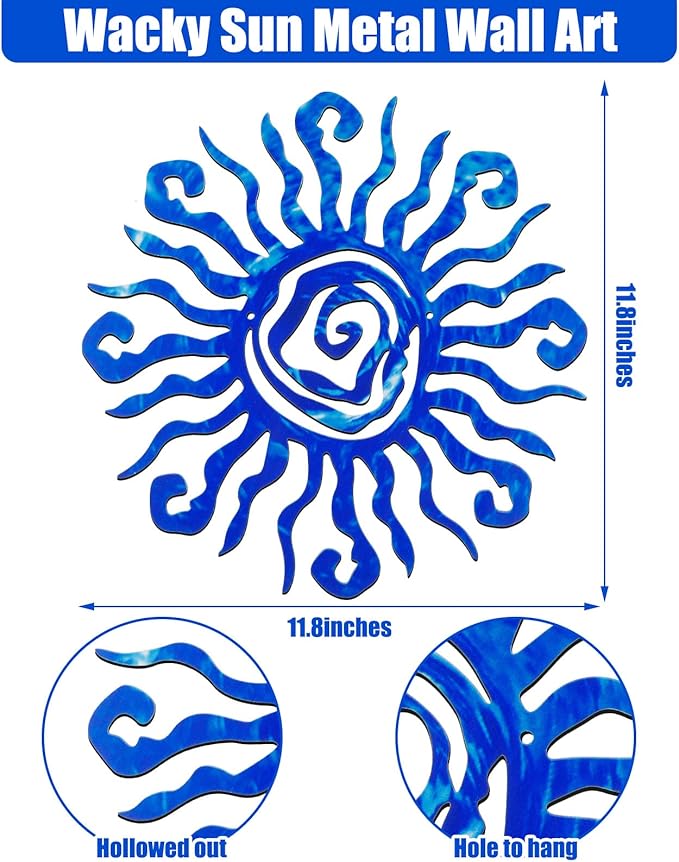 Moxweyeni 12 Inch Sun Metal Wall Art Outdoor Decor Wacky Large Sun Metal Art Wall Decor Pool Decorations for Home Bedroom Living Room Office Garden(Blue)