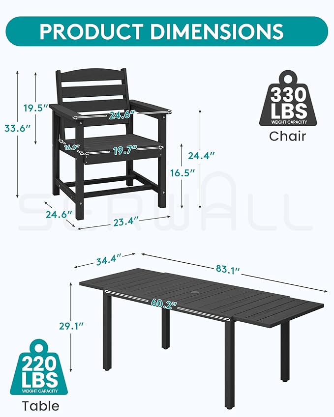 SERWALL 5-Piece Outdoor Table and Chairs, 60" - 83" Expandable Outdoor Dining Table with Aluminum Frame & HDPE Tabletop, All Weather HDPE Patio Furniture Set for Backyard, Garden, Black