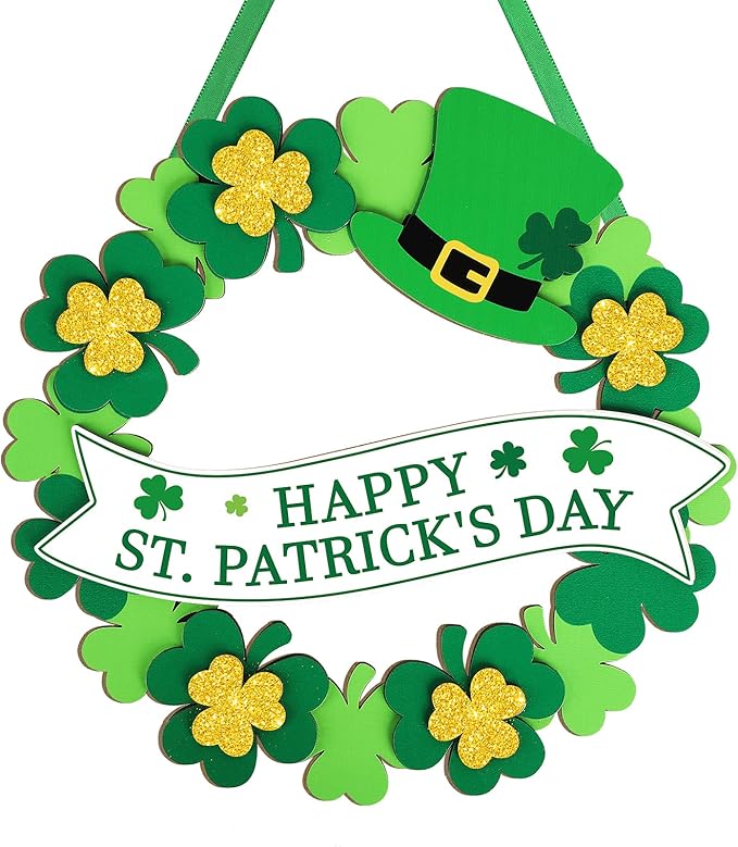 Wooden St Patricks Day Wreaths for Front Door Decoration Shamrock Door Sign Wall Signs Clover Spring Decoration, Irish Sign Welcome Hanging for Home Decor Party Outdoor Indoor Supply 3D Glitter