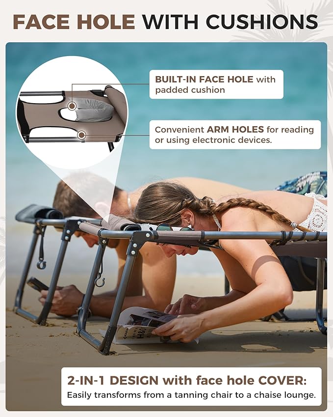 KingCamp 2 Pack Tanning Chair with Face Hole, Lounge Chairs Outdoor Folding Comfy Adjustable 5-Position Foldable Chaise Chaser with Canopy Shade for Outside Beach Patio Sun Bathing, Beige