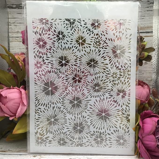 TIAMECH A4 Reusable Firework Stencil for Painting - Flowers Layering Template, DIY Wall Art, Wood Furniture, Scrapbook & Crafts (8.3x11.7inch)