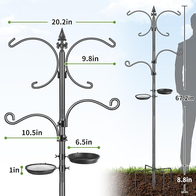 Bird Feeder Pole, 76 Inch Bird Feeding Station, Heavy Duty Shepherd Hooks for Outdoors Hanging Birds Feeders, 4 Hook Hummingbird Feeder Stand with Birds Bath, Mesh Tray