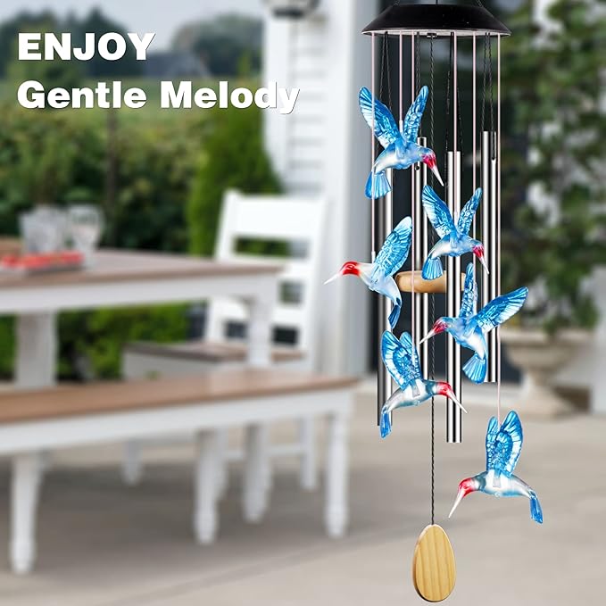 Wind Chimes,Hummingbird Solar Wind Chimes for Outside Color Changing,4 Aluminum Tubes Wind Bell for Garden/Patio Decor Thanksgiving Gifts for Mom, Wife, Grandma Neighbors(25 Inch Deep Tone)