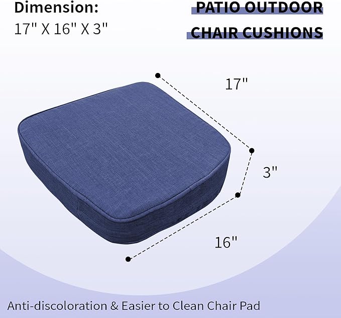 17"x 16"x 3" Patio Chair Cushions Set of 2, Waterproof Outdoor Chair Cushions, Patio Seat Cushion with Adjustable Ties, Blue