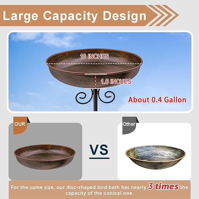 Small Metal Bird Bath for Outdoors, 10" Dia Bowl with Stake Birdbaths Garden Yard Lawn Decor 0.4 Gallon