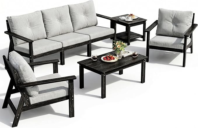 7-Piece HDPE Patio Furniture Set, Outdoor Sectional Sofa Set,All Weather Outdoor Couch with Dust-Free Cushions, Durable Patio Conversation Sets for Balcony, Porch, Black