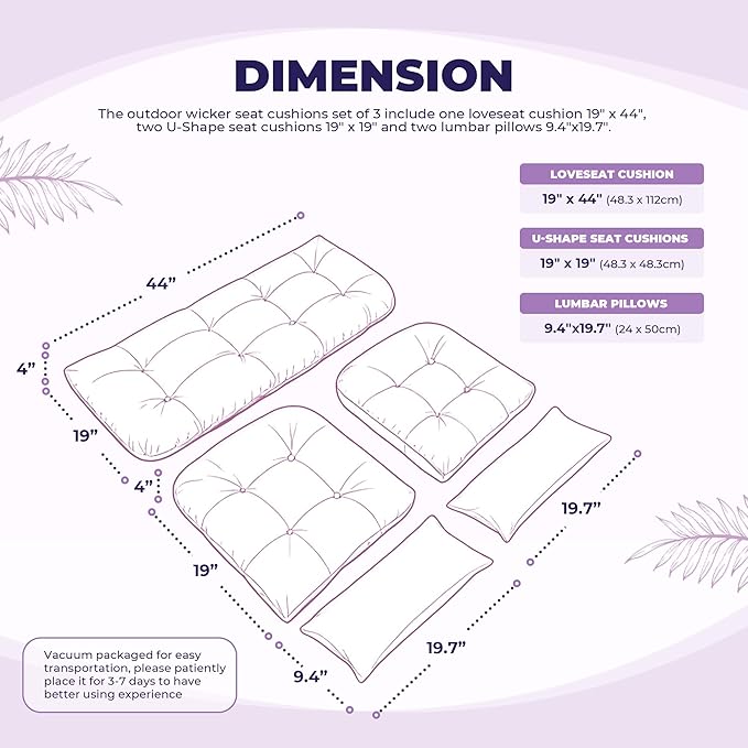 Wicker Chair Cushions of 5 Pieces, Waterproof Outdoor Loveseat Cushion for Wicker Furniture, 1 Love Seat Cushion, 2 U-Shape and 2 Lumbar Pillows for Patio Furniture (Purple Flower)