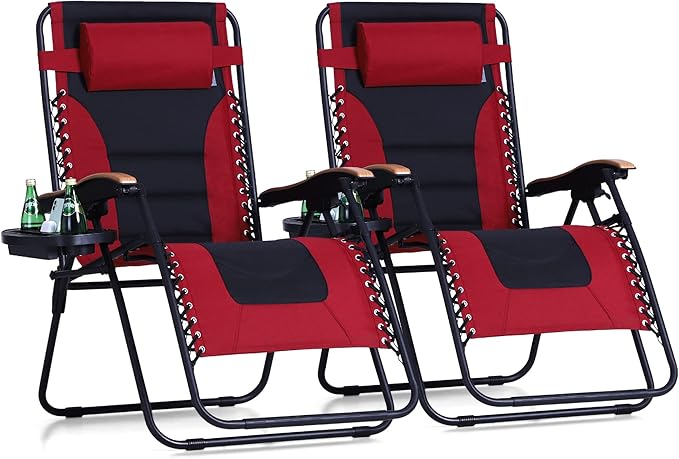 Sophia & William Oversized XXL Zero Gravity Chair Set of 2, Padded Adjustable Folding Reclining Lounge Chair Outdoor Gravity Chair with Wide Armrest and Cup Holder, Support 400 LBS, Red
