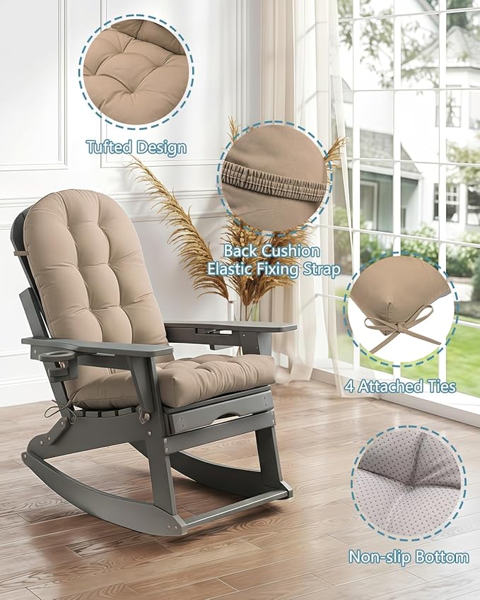 Adirondack Chair Cushion Set of 4, Thickened Patio Chair Cushions with Ties, Waterproof and UV-Protected Rocking Chair Cushion for Indoor and Outdoor, Khaki.