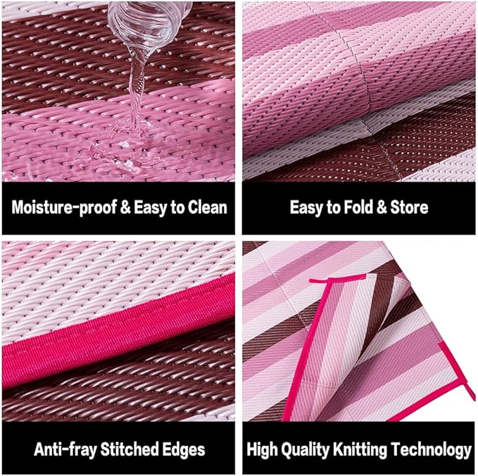 HUGEAR Outdoor Waterproof Rug 8'x10' Plastic Straw Rugs Washable Reversible Floor Mat Pink Stripe Carpet for Camping RV Deck Entryance Porch Picnic Balcony Beach Backyard