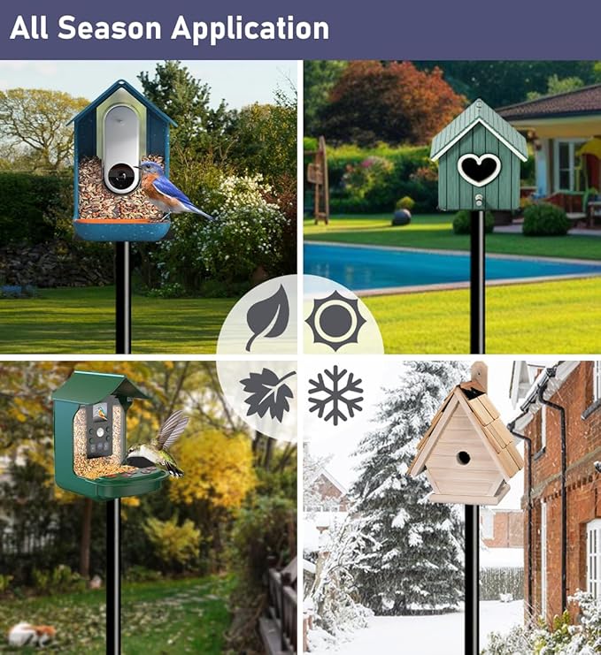 90 Inch Smart Bird Feeder Pole with 5-Prong Base, Adjustable Bird House Pole Mount Kit for Outdoors, Heavy Duty Bird Feeder Stand for Wild Birds Watching, Black