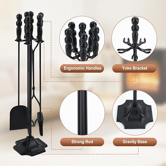 OLIXIS 5 Pcs Fireplace Tools Set Indoor, 32 Inch Wrought Iron Large Fire Place Tool Set with Stand, Fireside Accessories Kit with Poker Brush Shovel Tongs for Outdoor Campfire Fire Pit