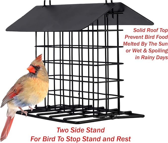 Durable Roof Top Bird Parrot Suet Reusable Feeder for Outside Garden Yard Patio Hanging Metal Suet Cake Holder Squirrel Proof Weatherproof for Wild Hummingbird Woodpecker