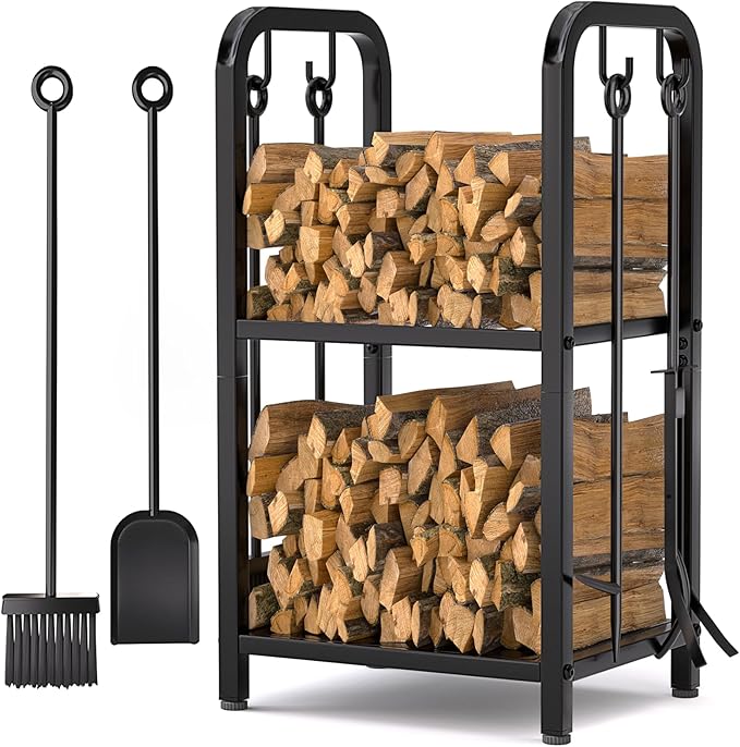 HONEST OUTFITTERS Firewood Rack Indoor, 2-Tier Firewood Rack Outdoor with 4 Pieces Fireplace Tools Set, Heavy Duty Log Wood Holder for Fireplace, Fire Pit, Wood Stove Black